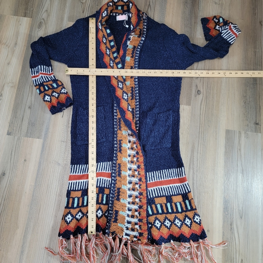 Tassel Hem Open Front Duster (Navy, Brick Red) Women's size Medium Pockets - Picture 12 of 15